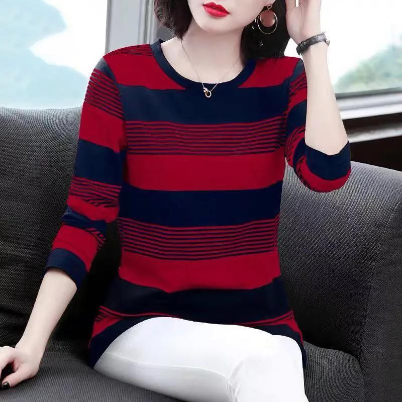 Spring and Autumn Women's Casual Stripe Print Long Sleeve O-Neck Blouses & Shirts