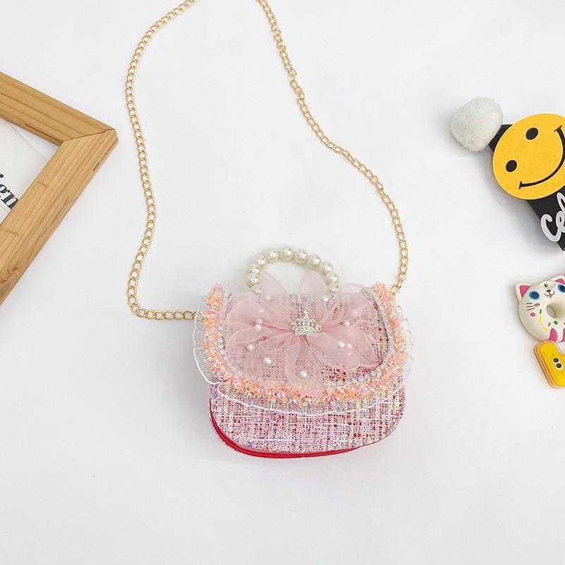 Childrens Canvas Bag With Artificial Pearl Handle And Butterfly Cartoon Pattern For Daily Use