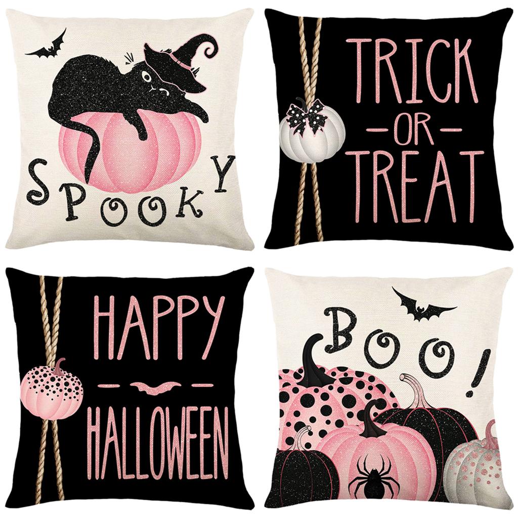 4 Pack Halloween Linen Throw Pillow Covers Cushion Case Vintage Square Pillowcase for Couch Sofa Bed Living Room Home Decor
