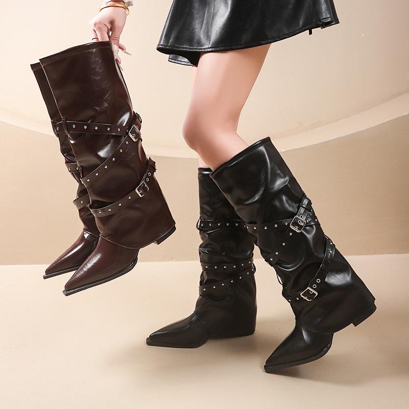 Fashion Designer Women's Boots Spring Cosy Pointed Toe Woman Shoes  Fashion Sexy Knee-High Boots for Women Belt Buckle Thick Heel Boots