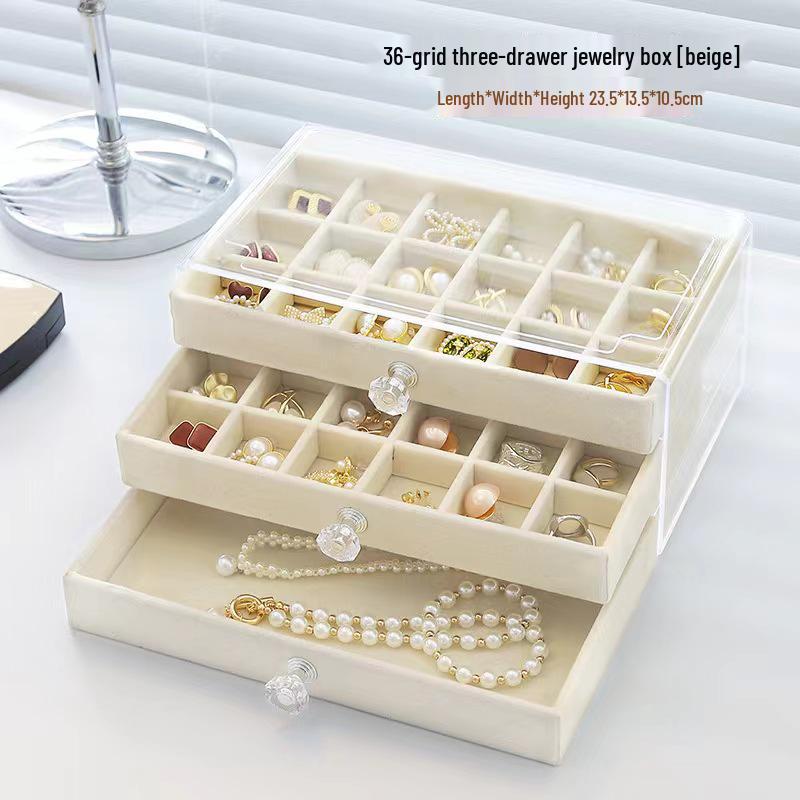 Three-Layer Velvet Jewelry Storage Box with Dustproof Acrylic Cover