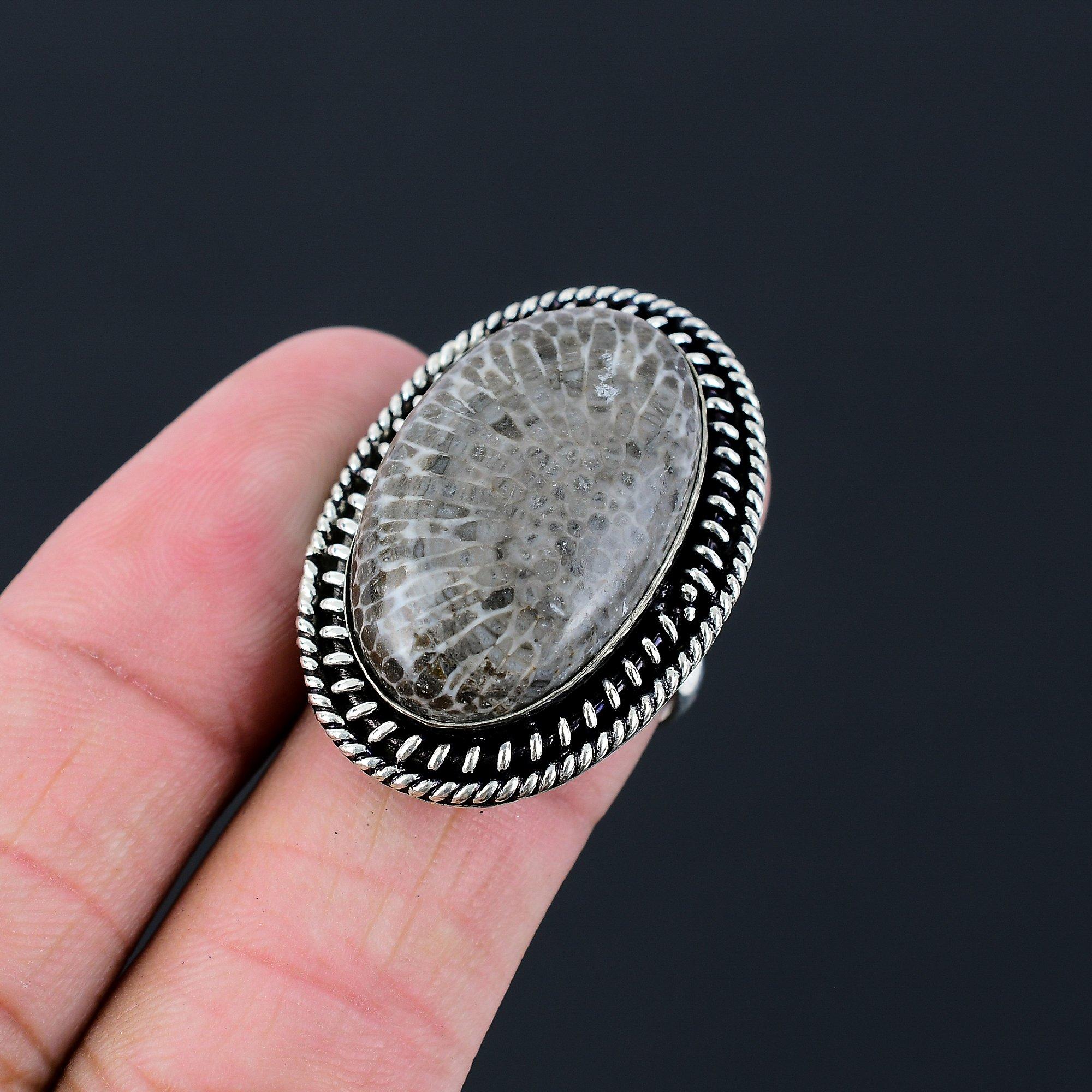 Sisters Day Sale 925 Silver Stingray Coral Stone Stackable Statement Ring US 8 8