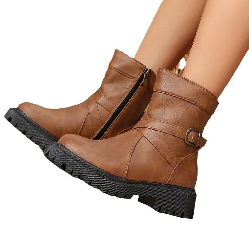 Europäische und amerikanische Größe Leder seitlicher Reißverschluss kurzer Schaft Martin Stiefel Damen grenzüberschreitend runde Zehen dicke Sohle Gürtelschnalle Ritter Lederstiefel