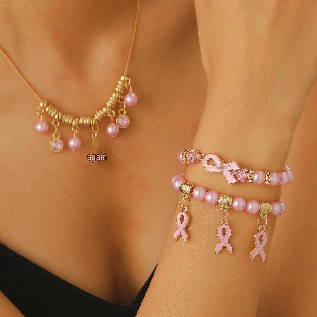 Red Ribbon Breast Cancer & AIDS Awareness Jewelry Set: Necklace, Nurse Bracelet, Badge