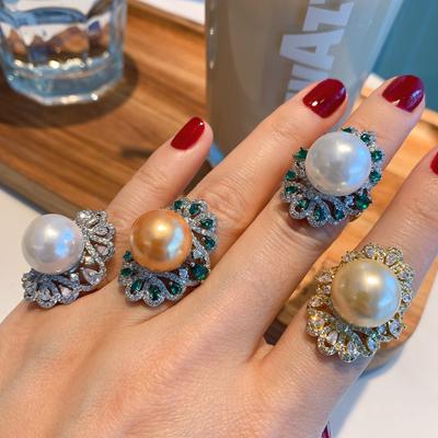 Gemstone White Diamond, anel de pérola fritilária para mulheres, anel ajustável de joias de pérolas para banquete