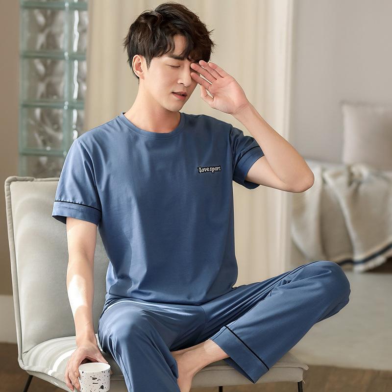 New pajamas men's summer pure cotton short-sleeved trousers youth cotton thin large-size outer loungewear suit