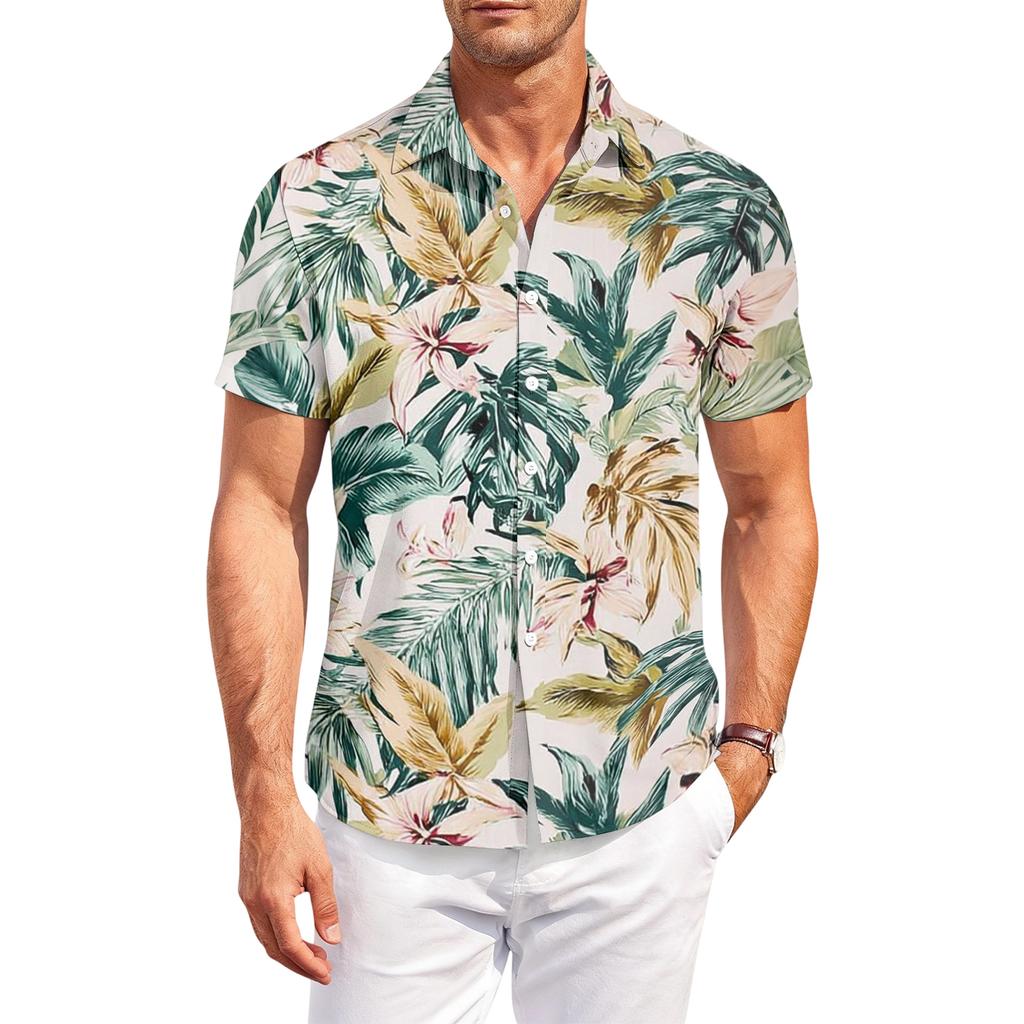Men's Casual, Loose-Fit Short-Sleeve Shirt With Hawaiian Print