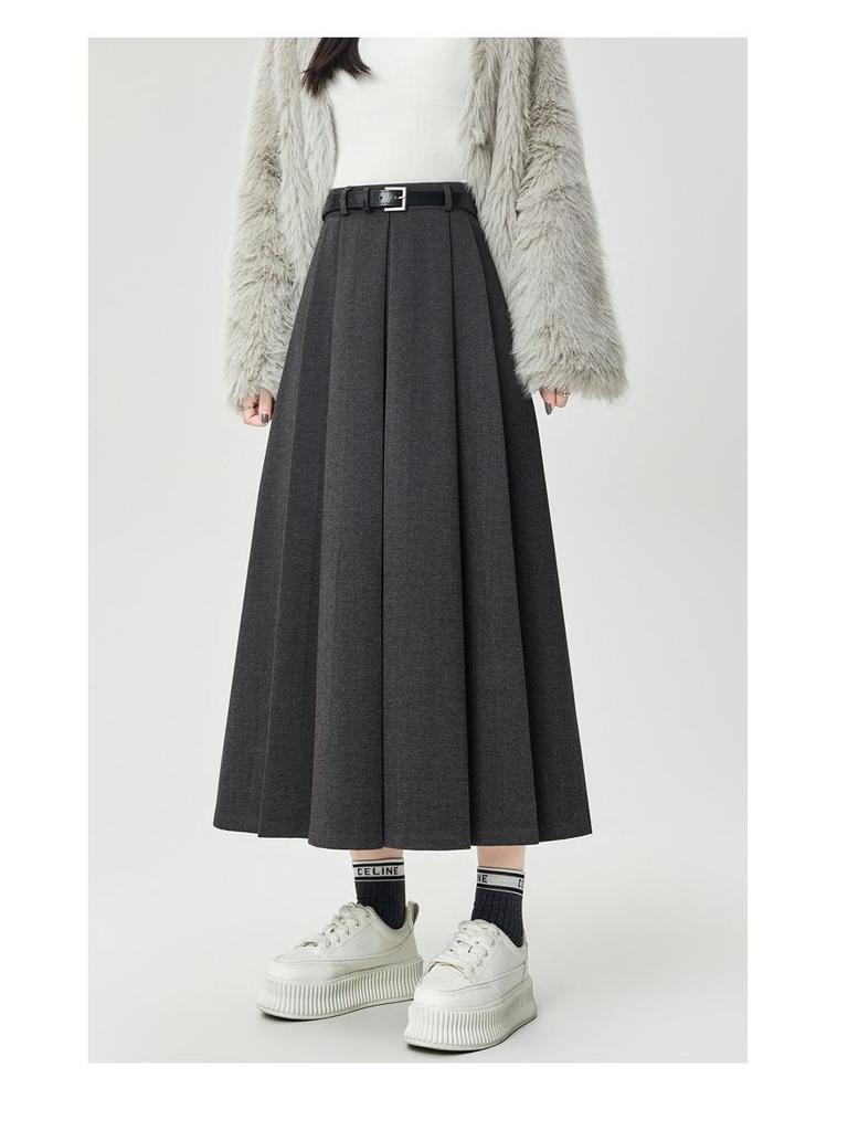 Autumn/Winter 2025 High-Waist Pleated A-Line Skirt - Slimming Woolen Mid-Length for Women