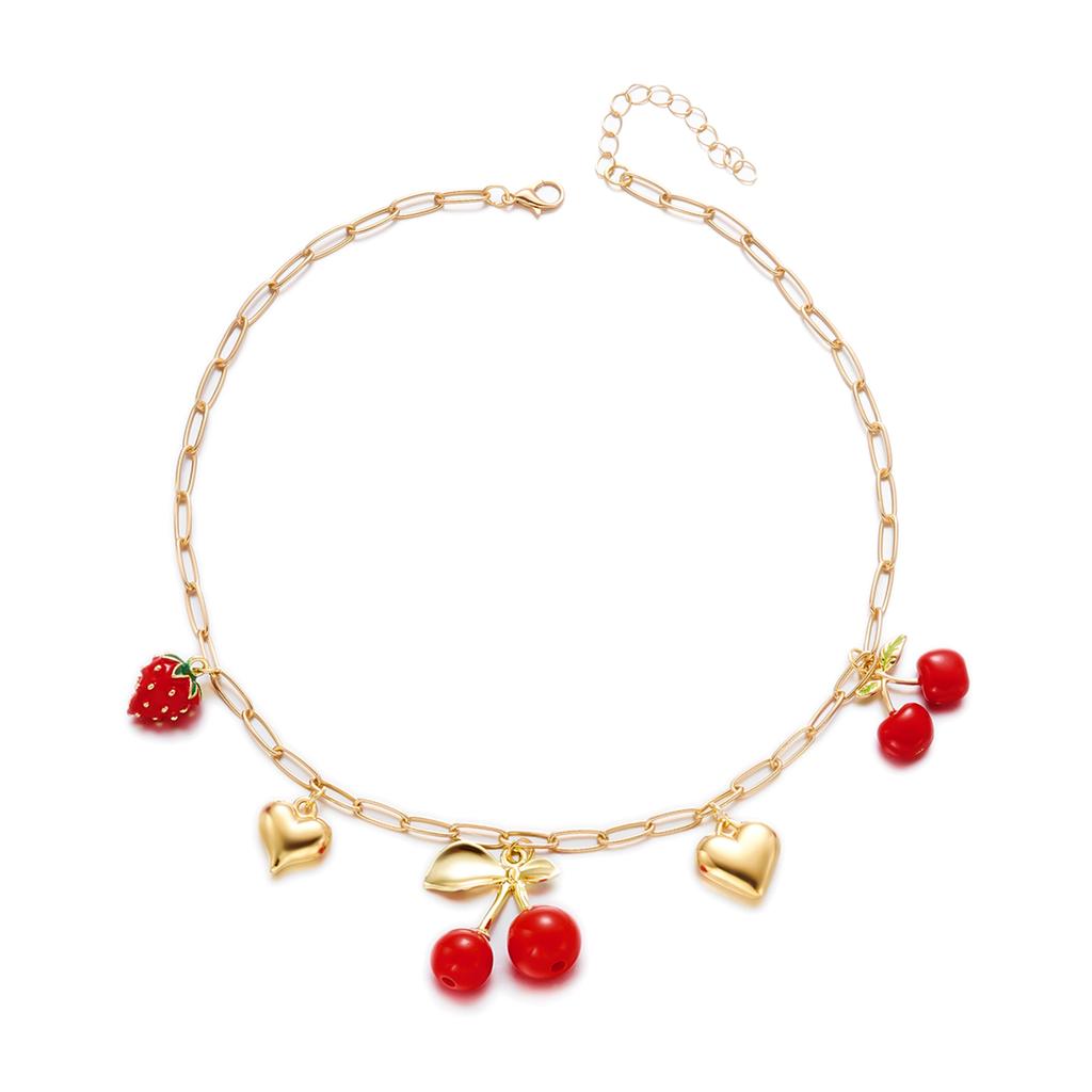 Cute Handmade Red Cherry Love Heart Pendant Necklace for Women Gold Color Strawberry Metal Choker Girls Charm Jewelry Accessorie