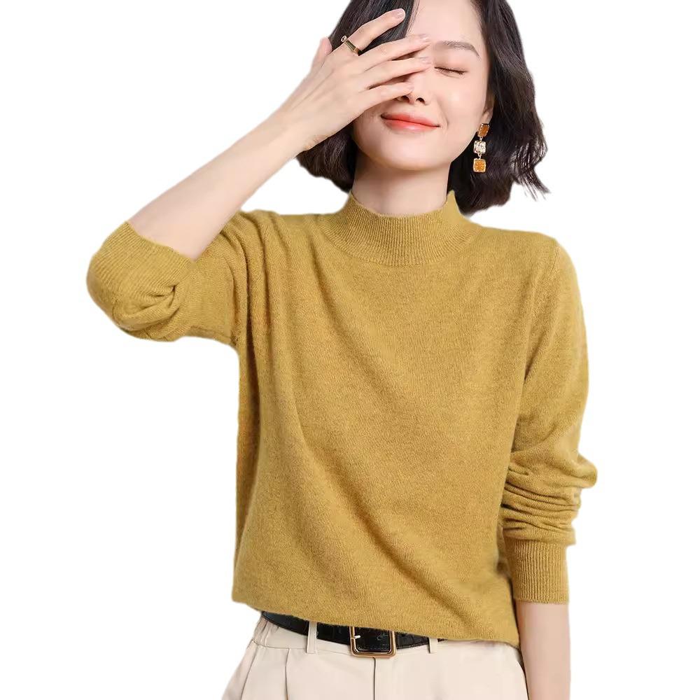 2024 Nový dámský svetr pulovr v korejském stylu s polovyvýšeným límcem a dlouhým rukávem v jednobarevné variantě