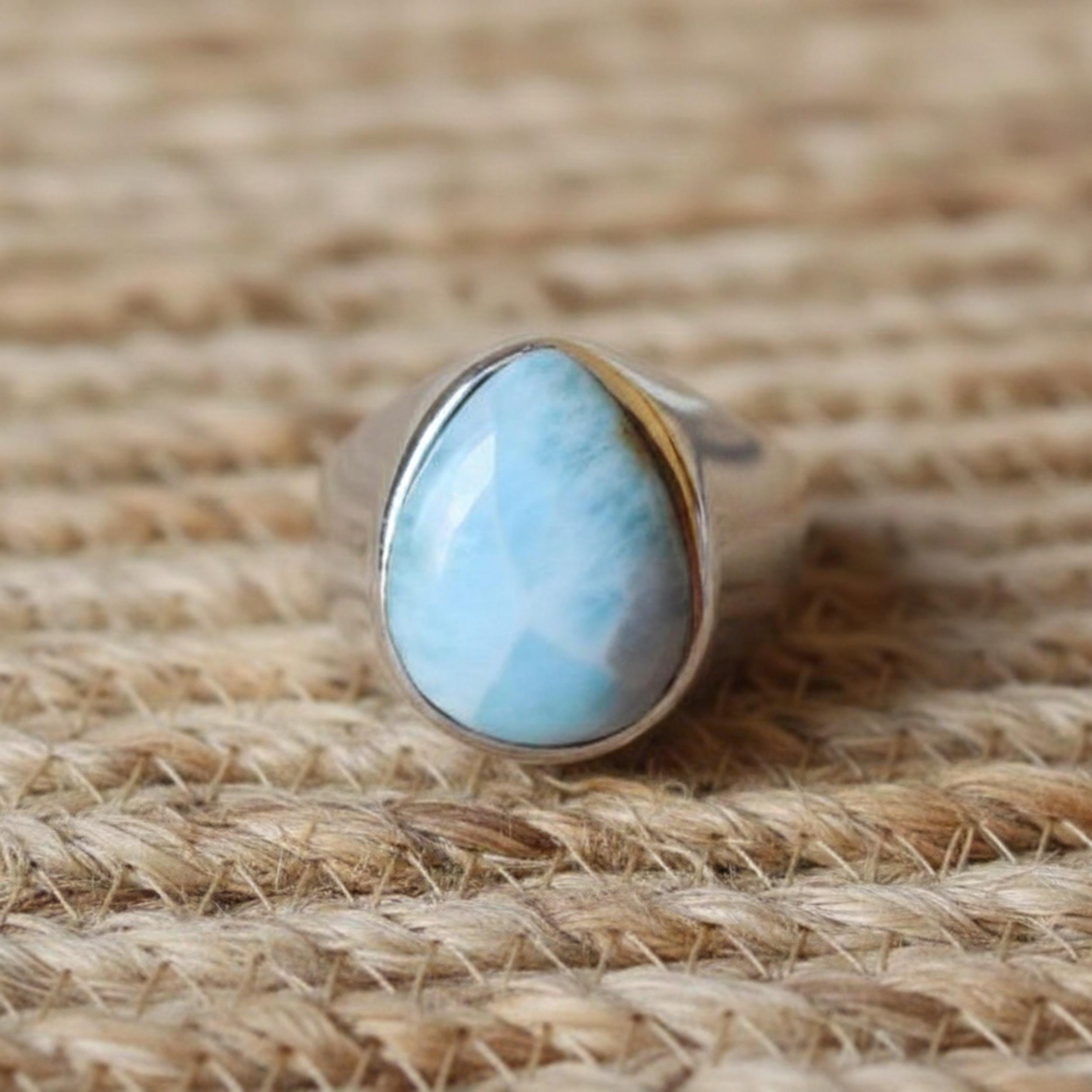 

Natural Pear Cut Larimar Ring, 925 Silver Ring, Larimar Signet Ring, Pure Copper Ring, Promise Ring, Gift for Her 12 медный