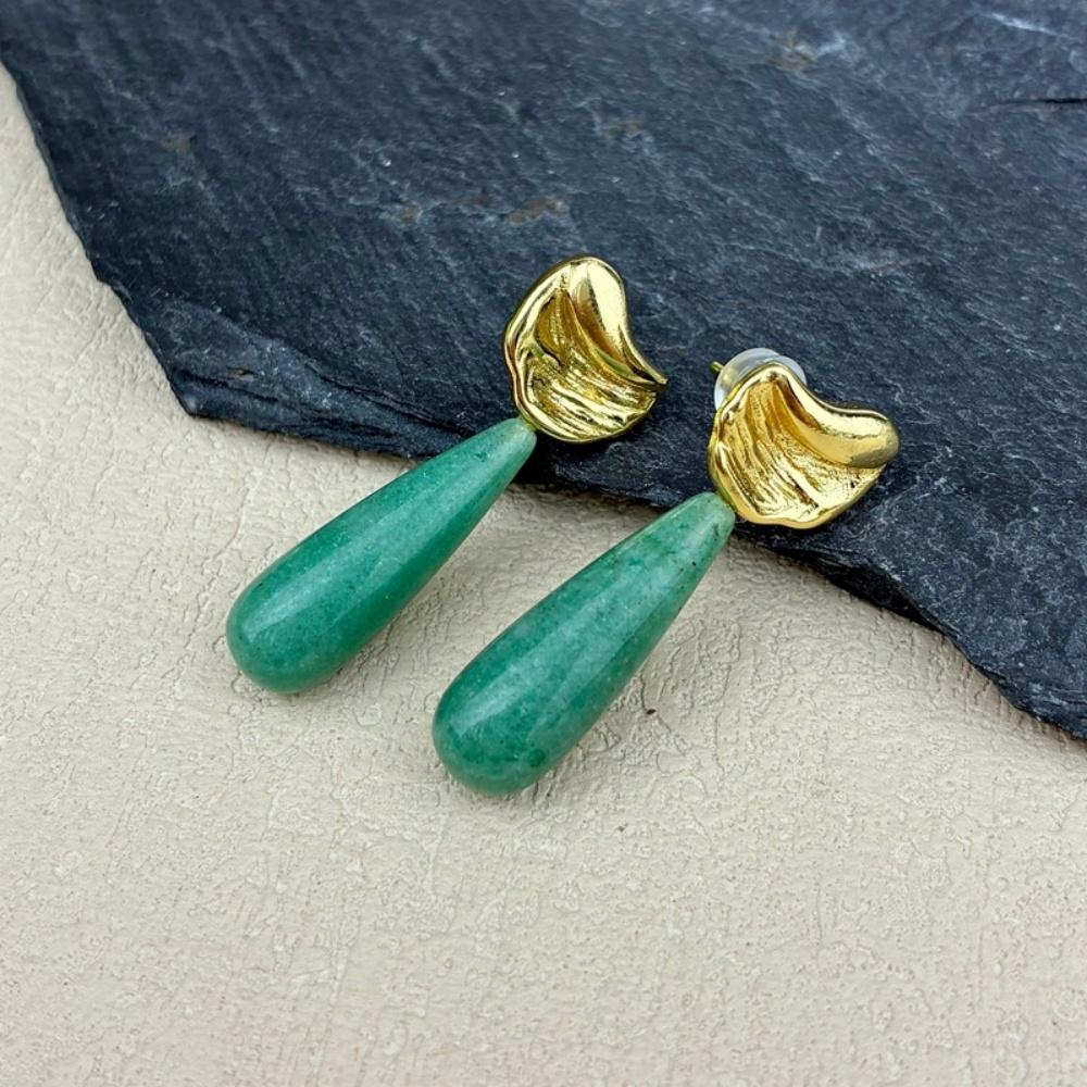 Natural Crystal Teardrop Drop Earrings Gold Plated Dangle Studs for Women Healing Stone Jewelry for Daily Wear