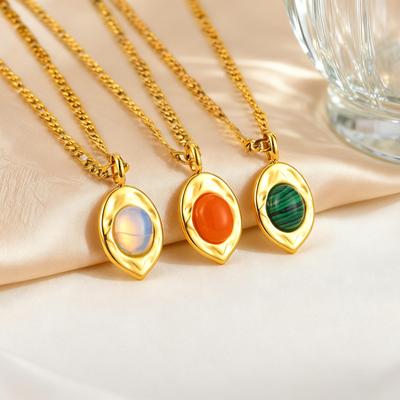 Vintage Oval Gemstone Pendant Necklace for Women, Nature Malachite Opal Stone Stainless Steel Figaro Chain Waterproof Jewelry