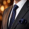 [S&W SHLAX&WING] Dot Tie & Pocket Square Set, Navy Blue with White Dots, Business Formal, Extra Long (160cm)
