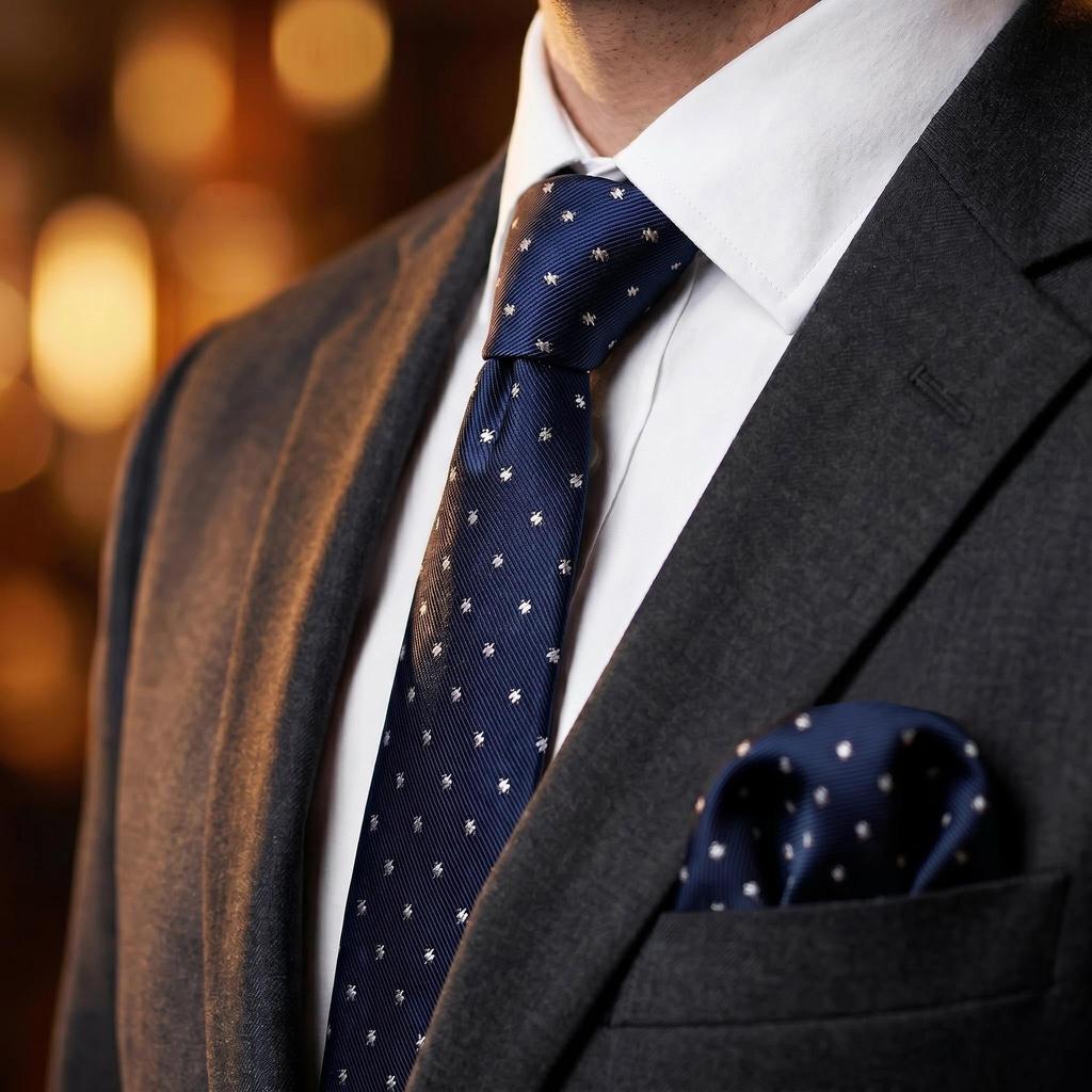 [S&W SHLAX&WING] Dot Tie & Pocket Square Set, Navy Blue with White Dots, Business Formal, Extra Long (160cm)