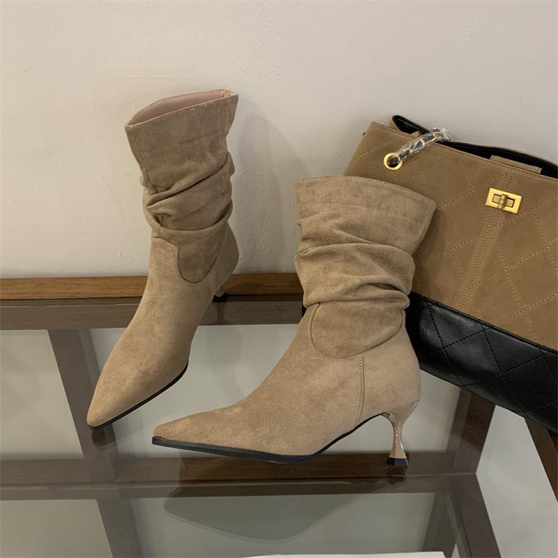 

Mi Ting mid boots retro suede wrinkled thin stacking boots women s autumn and winter pointed high heel thin boots simple short boots 40 хакі