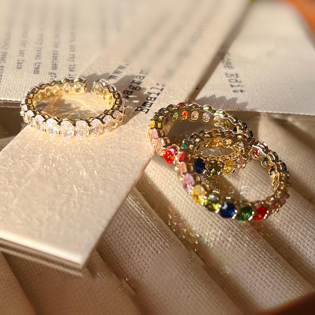 Elegant Adjustable Gold Oval Rainbow Rhinestone Ring For Stylish Summer Fashion Accessories For Women