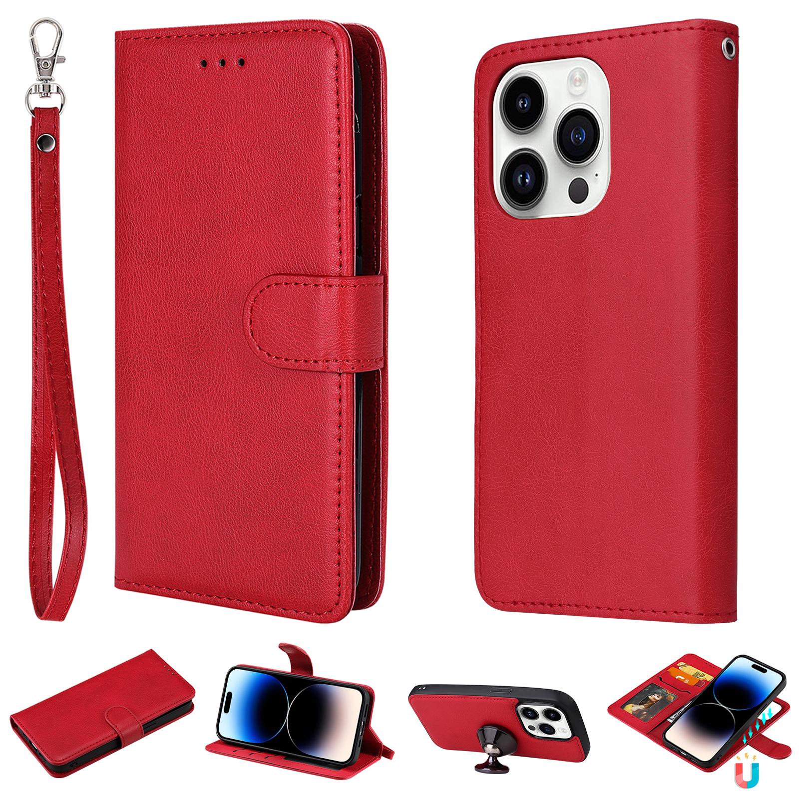 

Чехол для iPhone 15 Pro 2 в 1 Съемный Магнитный Кожаный Кошелек Мобильная Обложка с Ремешком Red