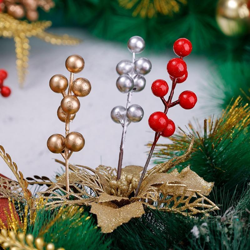 10pcs Artificial Holly Berry Christmas Decor Wire Bundle Garland Wreath Christmas New Year Fake Red Berries for Wreath DIY Home Decor