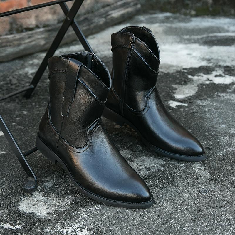 Botas occidentales para hombre Punta puntiaguda Puntas de ala Negro Marrón Amarillo Vestido retro informal Cremallera Cuero Botas de entretiempo para hombre a media pantorrilla para hombre Tallas grandes