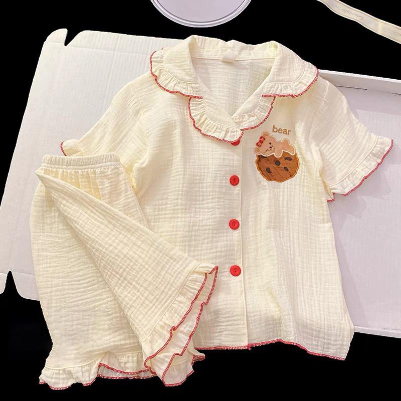 

Doll collar cute bear pajamas women s summer cardigan lace short-sleeved shorts set casual lazy style loungewear S