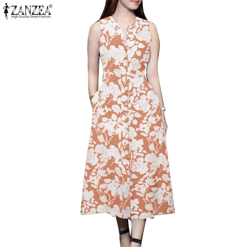 ZANZEA Women Summer V-Neck Casual Printing Sleeveless Dress
