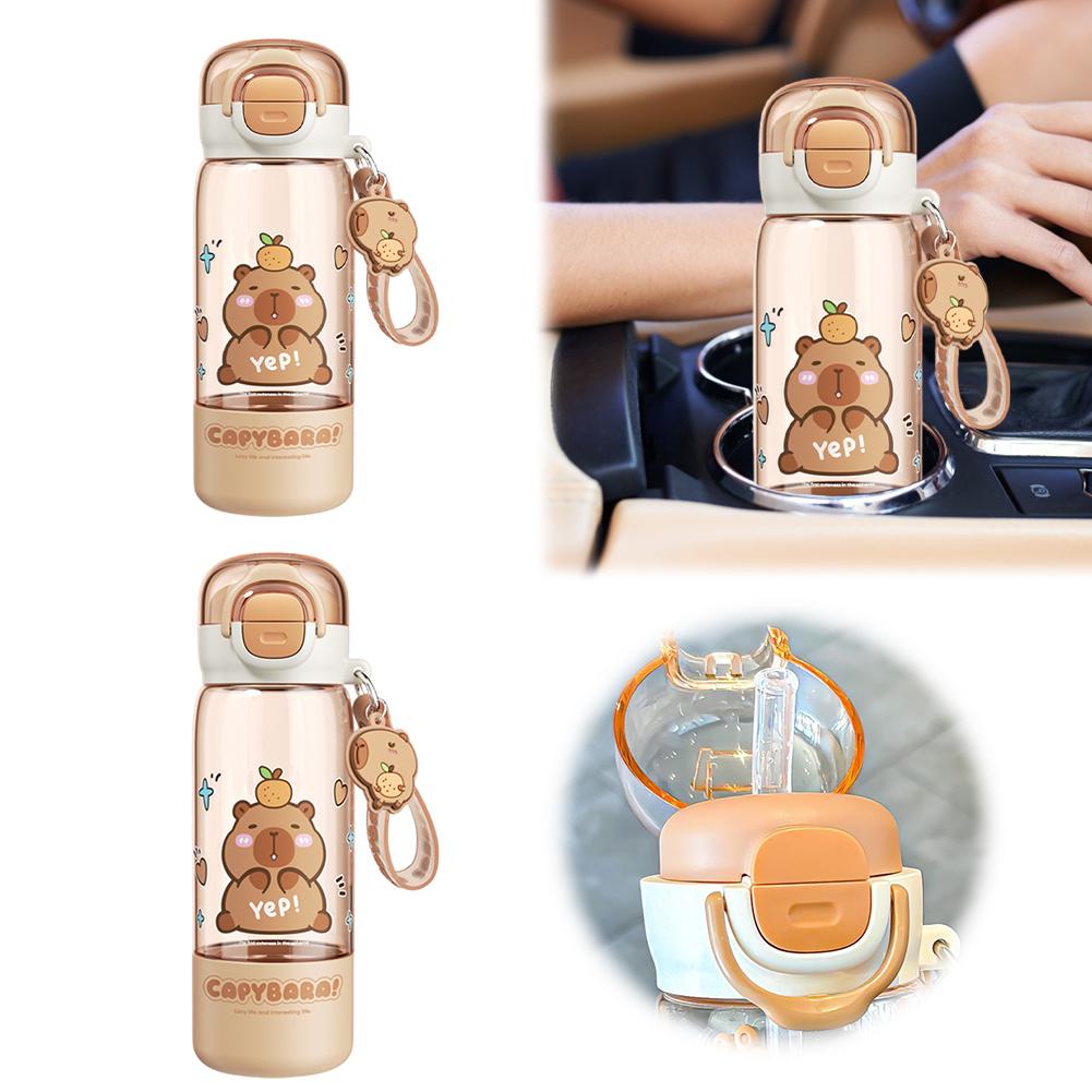 Cartoon Capybara Plastic Kapibara Cup & Straw and Portable Strap Portable Drinking Bottles School Work Travel Going Out Supplies