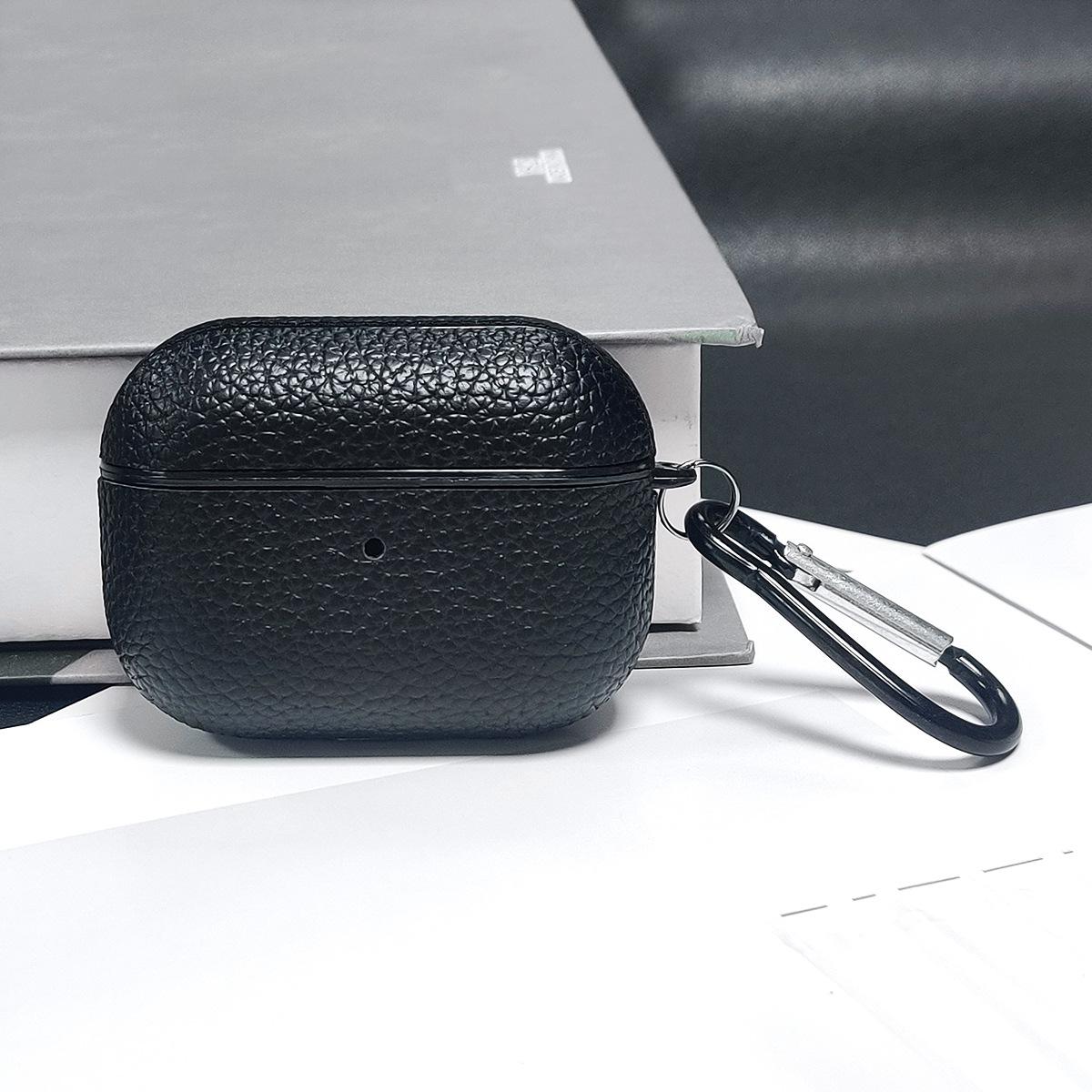 

Lychee Pattern Leather Earphone Protective Case for AirPods 4 & AirPods Pro 1 2 3 Hard Cover with Portable Mountaineering Buckle for Airpods1 2 чёрный