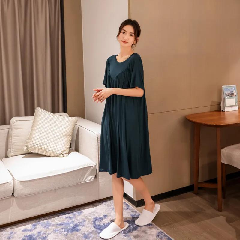 Modální noční košile Ženy Bavlněné oblečení na léto Volné Velká velikost Ležérní Noční šaty s krátkým rukávem Skládané tenké domácí dlouhé šaty