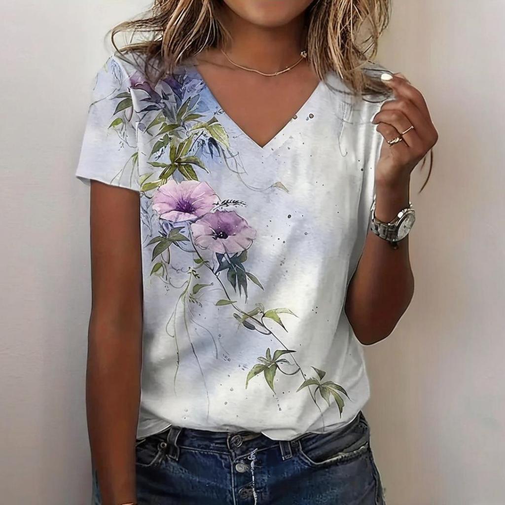 Women's T-shirt Summer Casual Outdoor V-neck Women's Short-sleeved Printing Pattern All-match Loose and Comfortable Short Style