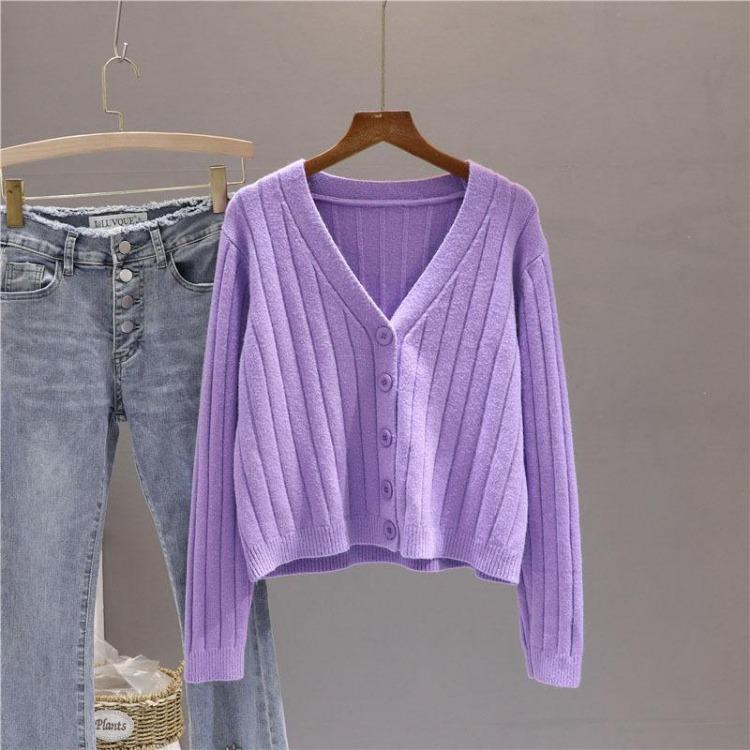 Women's V Neck Knitted Cardigan Short Jacket Loose Long Sleeve Autumn Versatile Outfit Top Sweater