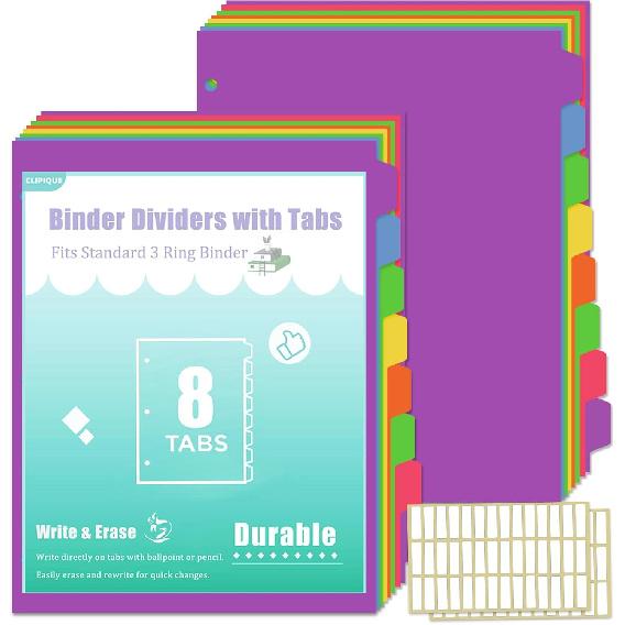 3 Ring Binder Dividers with Tabs - 8-Tab Colorful Plastic Page Dividers for Letter Size (8.5x11), izable Index Tabs, 3 Sets | Reble Rainbow Binder