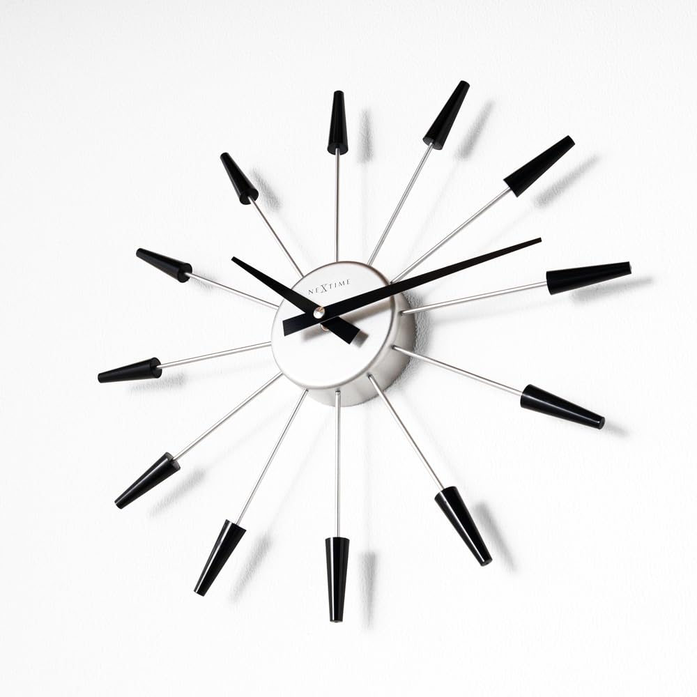NEXTIME Wall Nordic for Living Plug inn Silver Black Clock, Stylish, 36cm, Silent, Style, Room, Office, Bedroom, mid. &