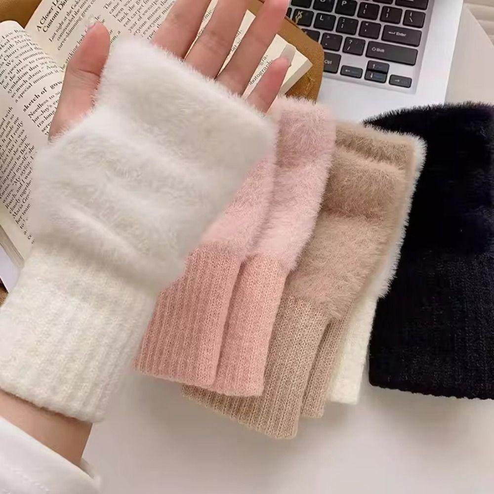 Plush Knitted Mink Fleece Gloves Soft Fingerless Mittens Half Finger Gloves  Riding Driving