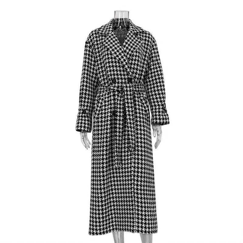 

Модное длинное тренчкот в гусиную лапку, модная черно-белая верхняя одежда, длинный ветрозащитный плащ в клетку Цяньняо Black White S