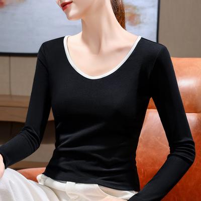T-shirt de base à manches longues et col rond pour femmes, couleur contrastée, automne et hiver, nouveau haut slim polyvalent pour femmes