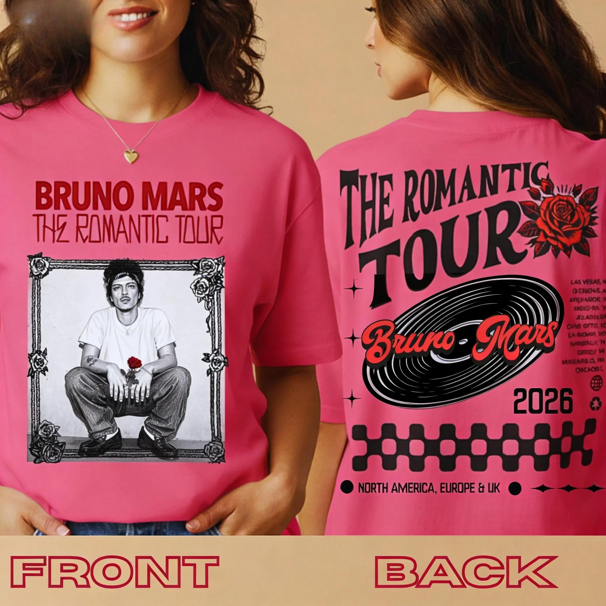 

Bruno Mars The Romantic Tour 2026 Rose & Vinyl Double-Sided Vintage Black T-Shirt | Pop Music Concert Fan Merch Tee L зелений