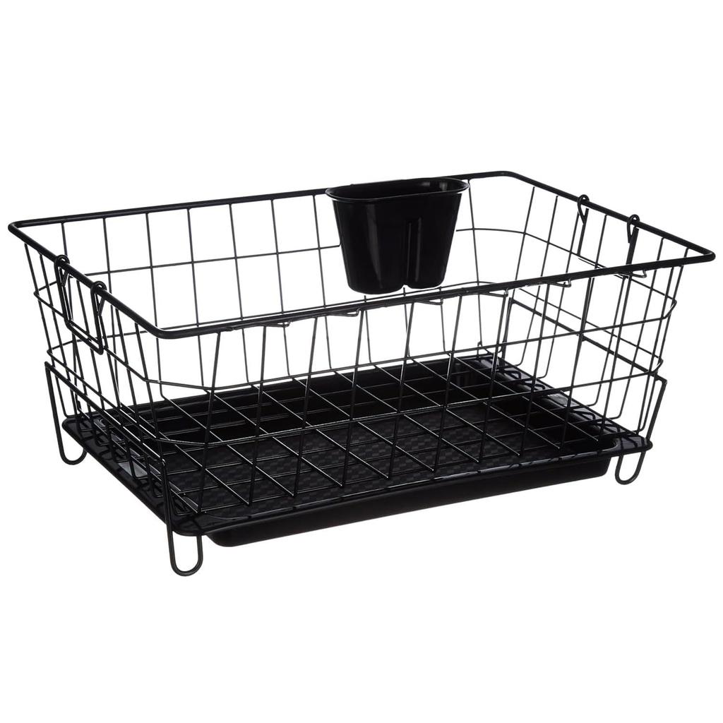 Stainless Steel Luxe Black Steel Dish Drainer with Drain Tray, Detachable Cutlery Stand | Bartan Plate Drying Basket Stand (Black), 55.3 X 37 X 23 Cm
