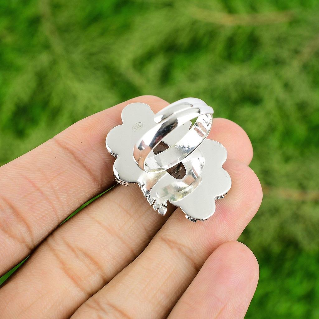 925 Silver Natural Black Rutilated Quartz Statement Flower Adjustable Ring