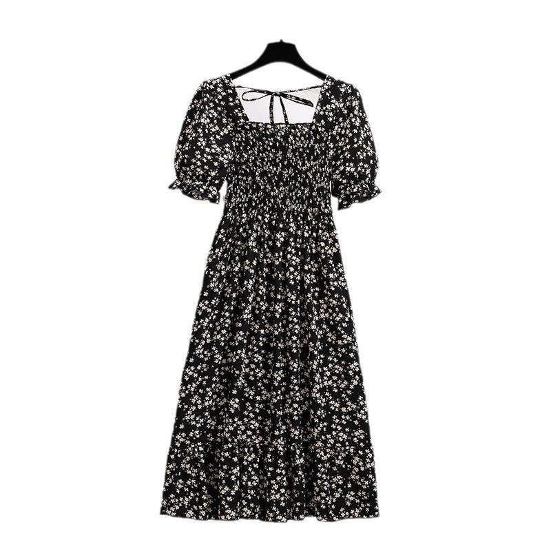 Spring Summer Chiffon Dresses Fashion Female Elastic Waist Short Sleeve Pleated Casual Dress Women A-line Dresses