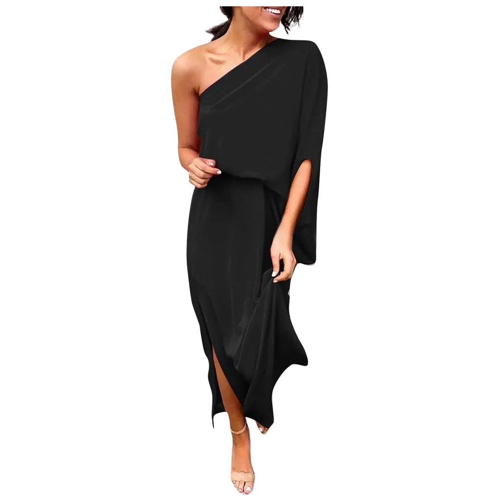 Women's Fashion Sexy One Shoulder Slit Hem Floral Short Sleeve Loose Casual Dress