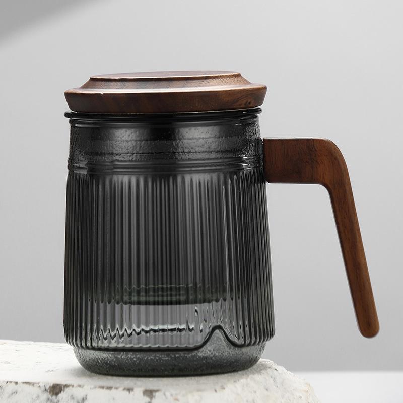 400ML Stripe Heat Resistant Glass Tea Water Separation Tea Cup With Wood Handle Brewing Flower Puer Cups Kung Fu Tea Mug Set