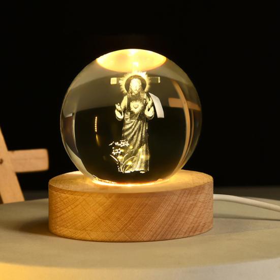 3D Hands Prayer Faux Crystal Ball with Wooden Base Clear Engraved Prayer Hand Ball Night Light Religious Christian Gifts for Women Men