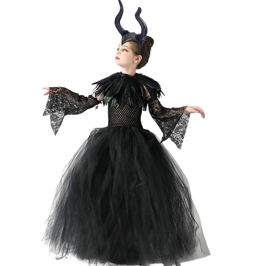Halloween Maleficents Costume for Girls Evil Queen Dress Up Costumes Witch Devil Black Tulle Mesh Princess Dress Cosplay Clothes