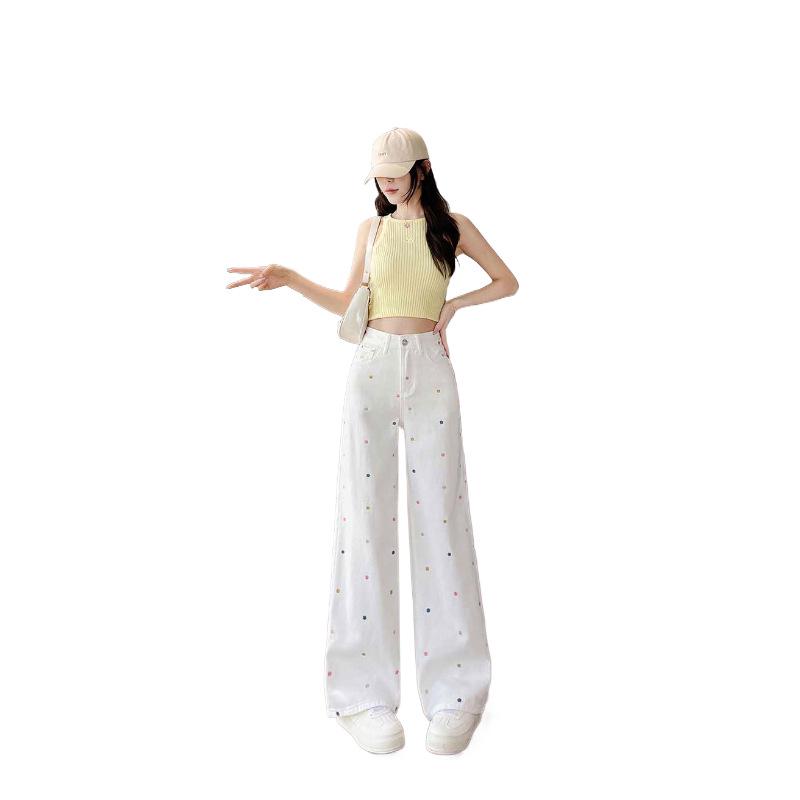 Petite Plus Size Winter White Floral Embroidered Wide Leg Jeans
