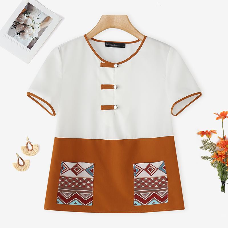 ZANZEA Women Casual Round Neck Short Sleeve Ethnic Print Blouse