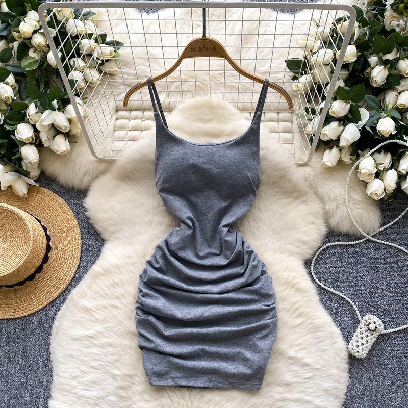 

Pure Desire Style Dress Women 2025 Summer Scheming Pleat Waist Hugging Slim fit Sling Sheath Short dress Sexy Base Skirt Grey All yards
