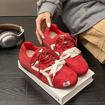 Herfstrood retro veelzijdige kleurcombinatie vetersluiting casual sneakers damesschoenen