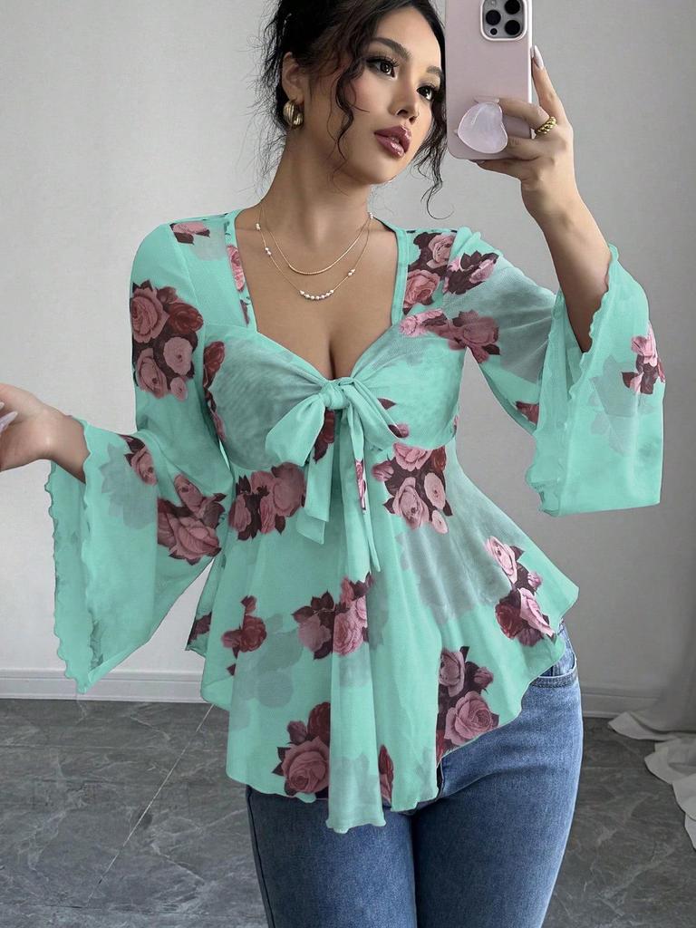 European Floral Gradient Tie-Up Square Neck Long Sleeve Shirt