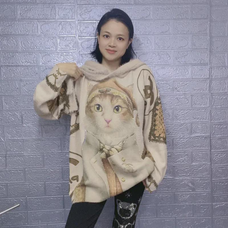 European Women's Diamond Flashing Cat Sweater - 3D Print, Loose Fit, Trendy Plush Top